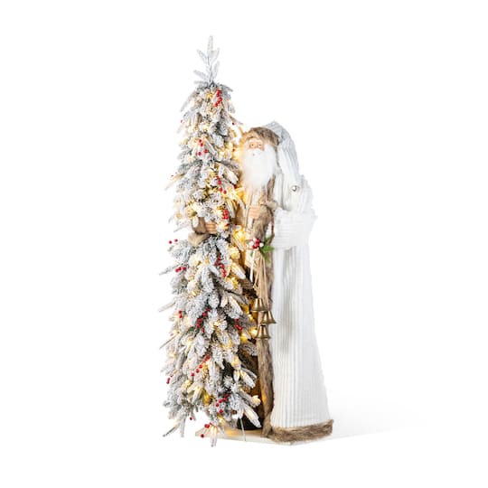 Glitzhome® 4FT Oversized Christmas Woodland Santa with 5FT Lighted Flocked Artificial Christmas Tree